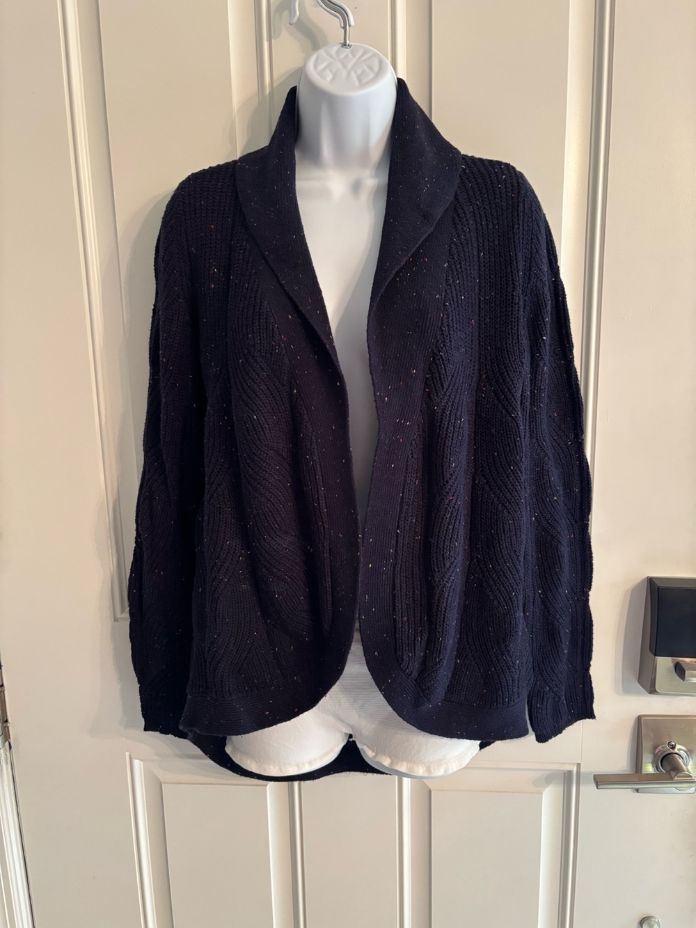 Talbots Navy Speckled Shawl-Collar Open-Front Cardigan